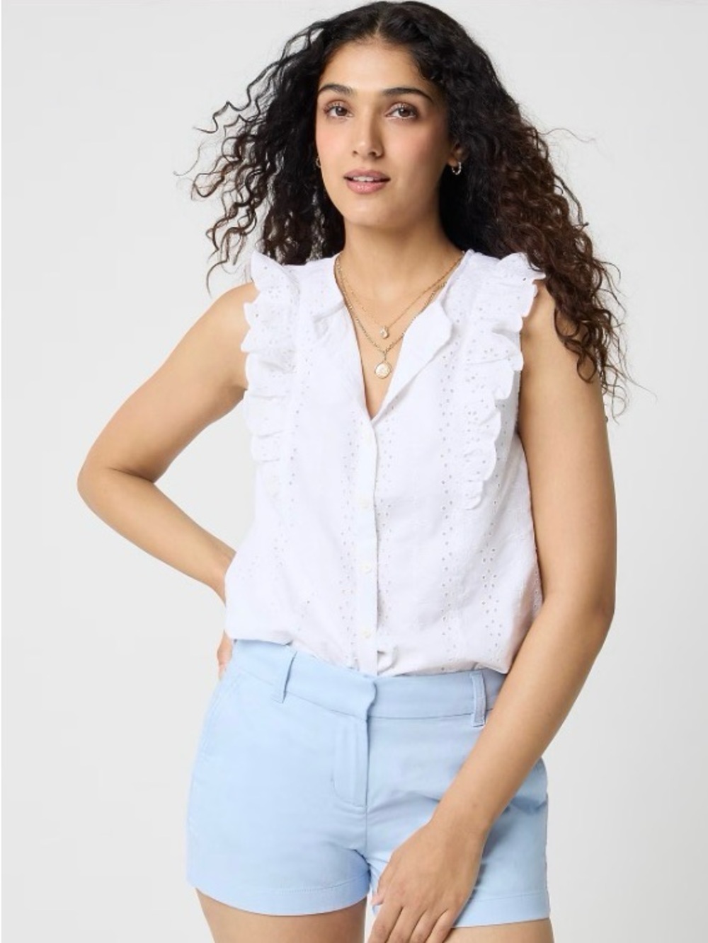 J. Crew White Eyelet Ruffle Sleeveless Button Top
